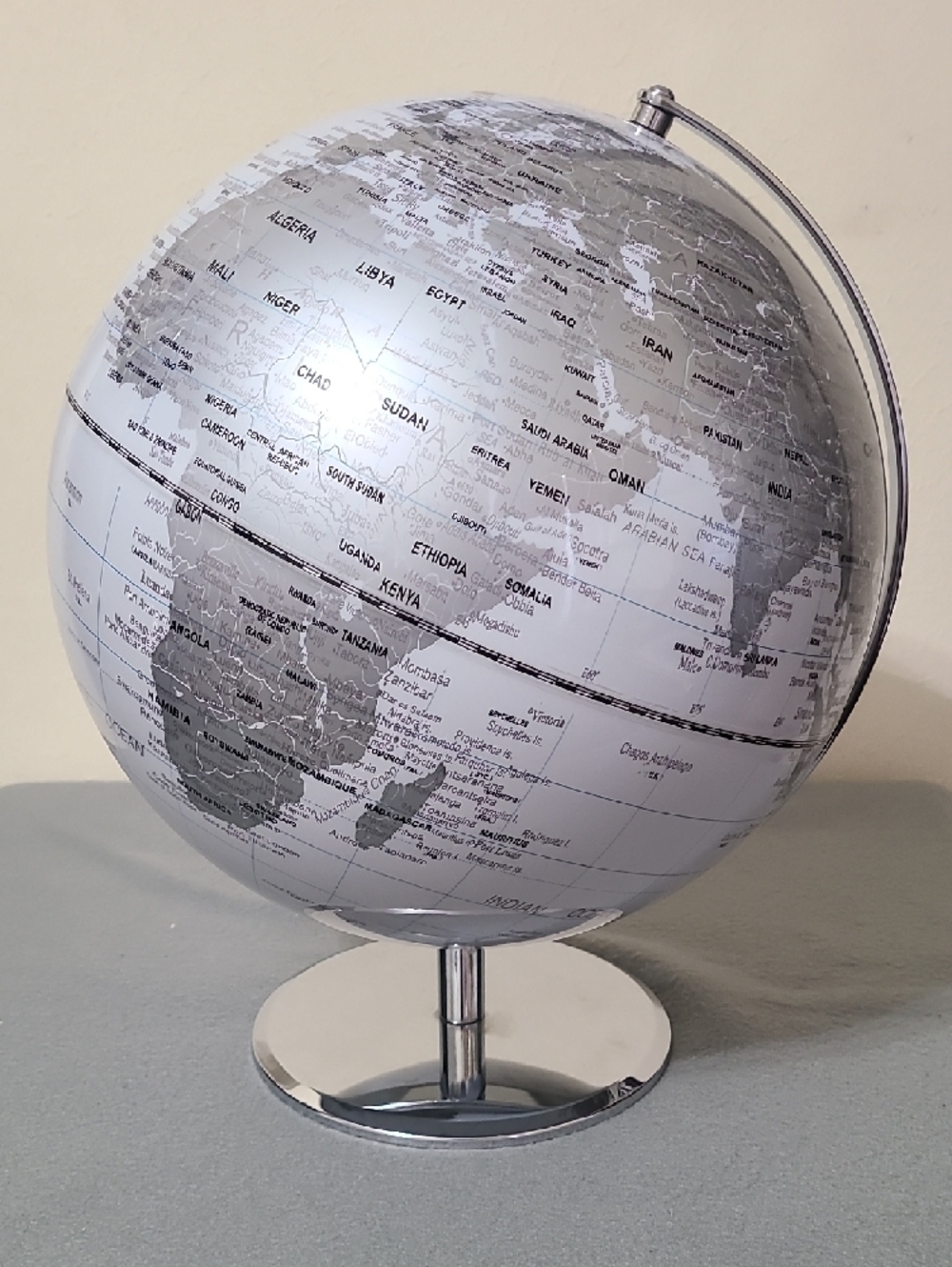 Modern Silver & Gray 12" World Globe on Chrome Stand